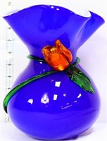 Blue Art Glass Vase w/ Rose