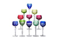 ELEVEN MIXED COLOURED & CUT HOCK GLASSES