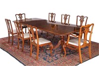 MAHOGANY PEDESTAL DINING TABLE AND CHAIRS