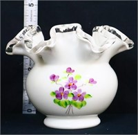 Fenton Silver Crest Round Vase w/Purple Flowers