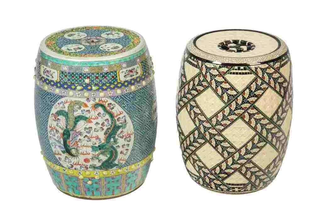 TWO POTTERY DRUM STOOLS