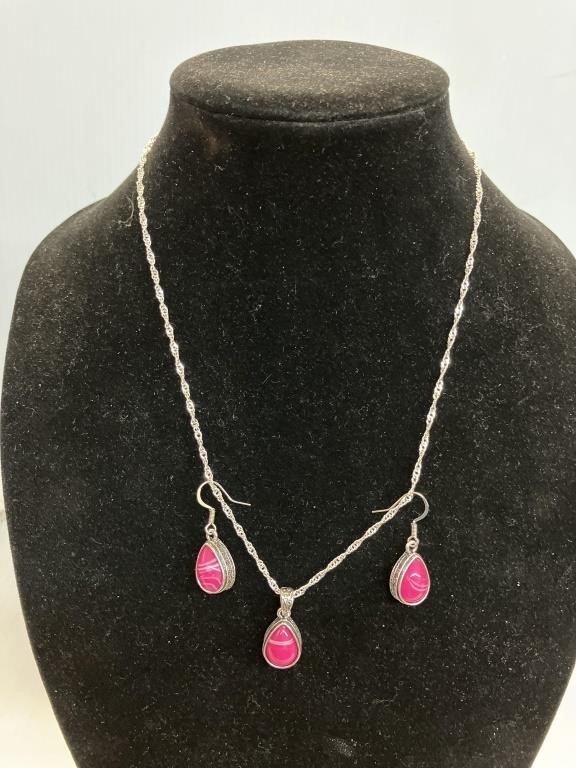20" necklace & earrings w/ pink gemstones .925