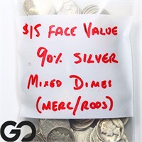 $15 Face Value, 90% Silver, Mixed Lot of Dimes