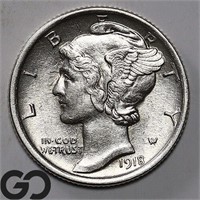 1918-D Mercury Dime, AU++/Unc Bid: 95