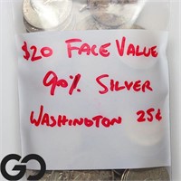 $20 Face Value 90% Silver, Washington Quarters