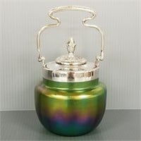 Iridescent art glass cracker jar-