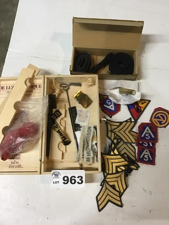 MILITARY ITEMS, BUCKLES,PATCHERS IN WOOD ??