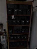 5 shelf bookcase with approx 25 plasitic boxes