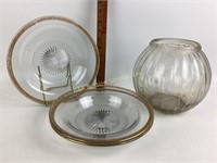 Glass Fish Bowl, Gold Tone Rim Clear Plates.