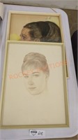 Vintage original portrait drawings framed