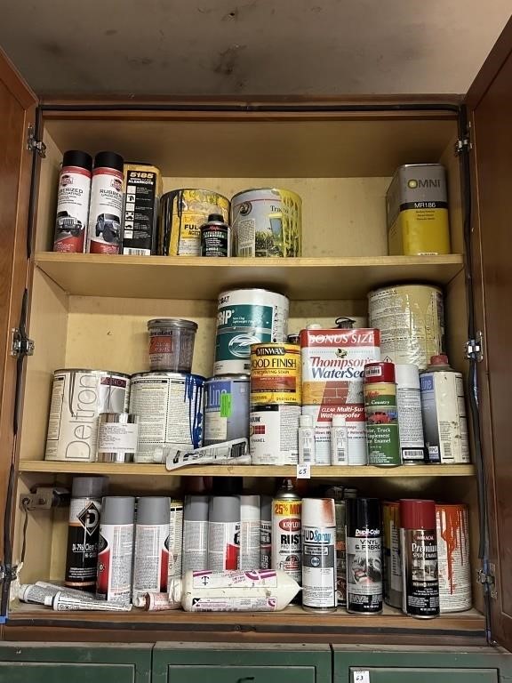 CONTENTS OF WOODEN CABINET INCLUDING SPRAY PAINT,