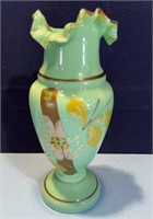 Antique Hand Painted Ruffle Top Art Glass Vase