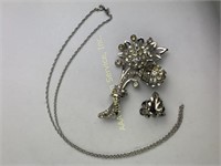 Silver Flower Brooch. Leaf Earrings. Chain