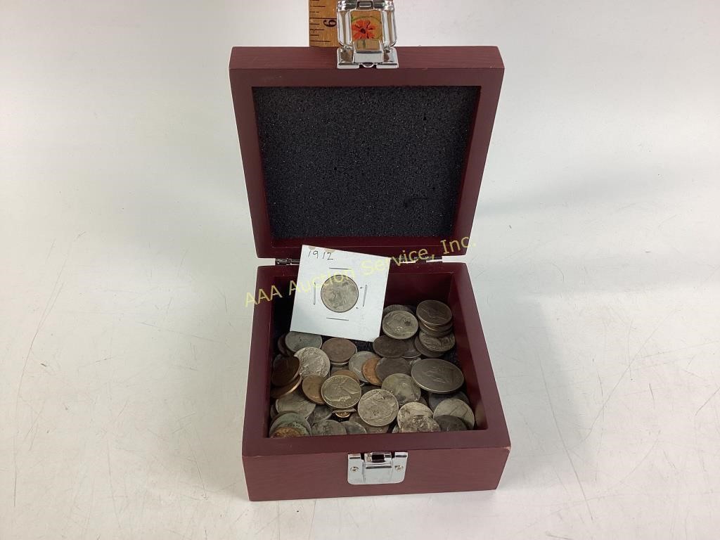 Coins mostly buffalo head nickels in wood case