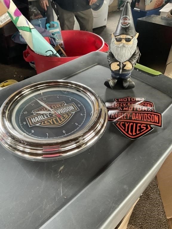 Harley-Davidson clock, stickers & gnome