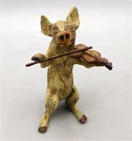 Antique Violin Playing Cast Metal Pig 3"