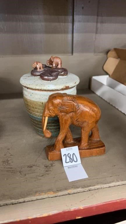 Wooden Elephant and pottery pot with elephant lid