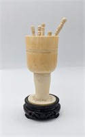 Antique Ivory Footed Cup With Scrimshaw Needles