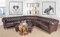 Classic Chesterfield Brown Sectional with Ottoman