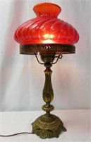 Vintage Cast Metal & Red Swirl Shade Lamp as is