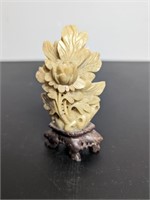 Vintage Oriental Carved Green & Brown Stone Flower