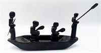 Peruvian Ebony Wood Carving - 4 Figures In A Boat