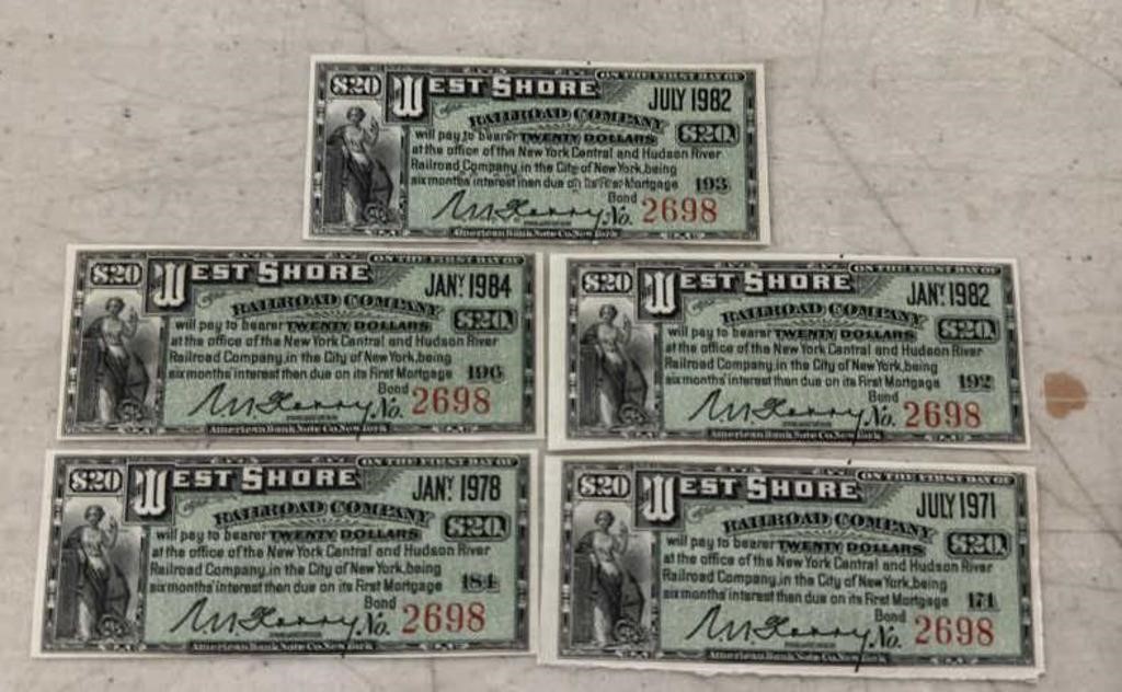 (5)VINTAGE STOCK CERTIFICATE COUPONS-WEST SHORE