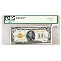 1928 $100 GOLD CERT. NOTE PCGS EF 45