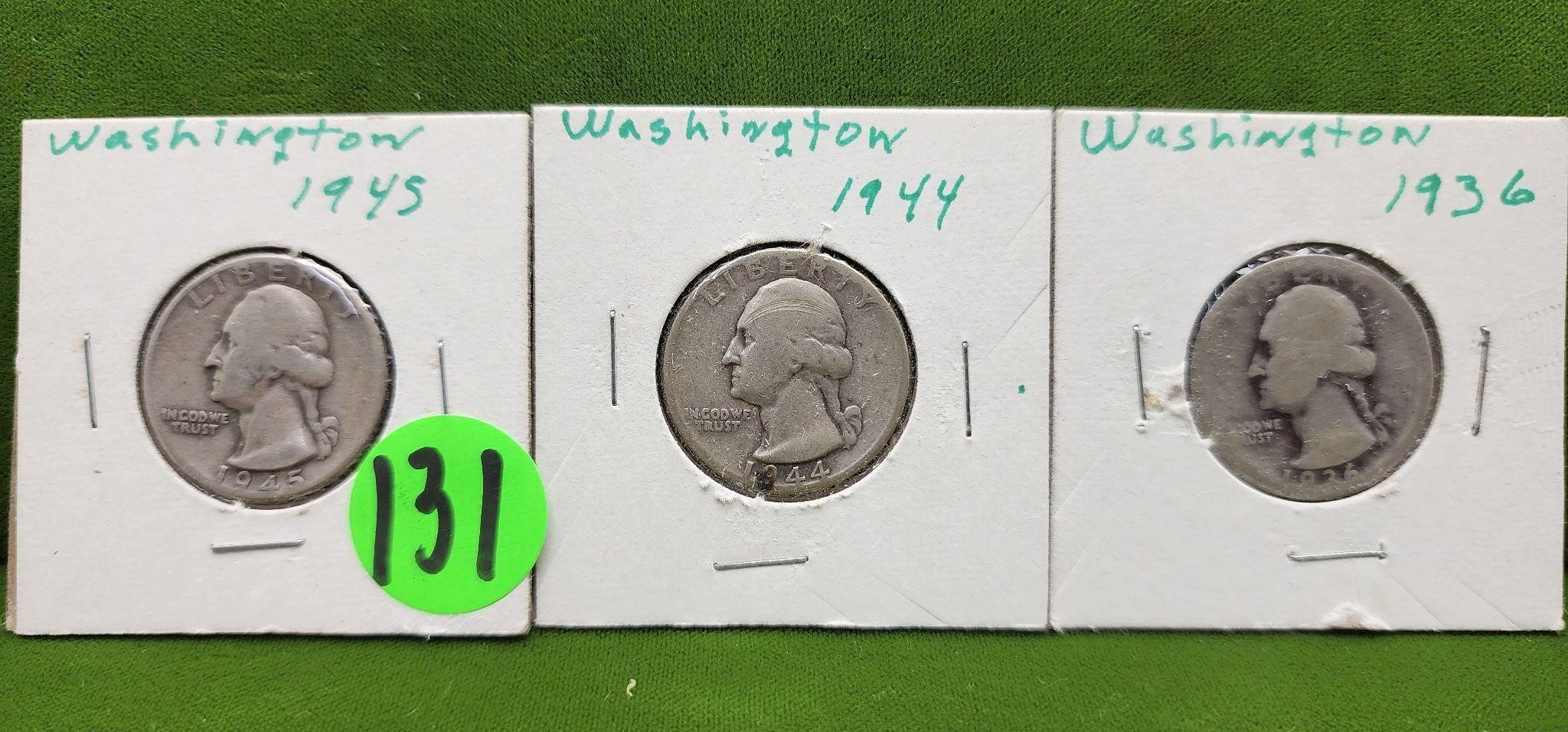 3pc WASHINGTON QUARTERS EARLY DATES 1936/'44/'45