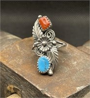Vintage Native American Turquoise Coral Ring Sz 6