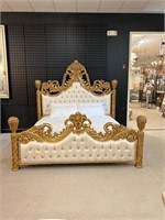Grand Carved Mahogany Tufted Poster King Bed-Gold
