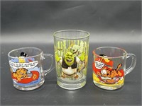 2- Glass Garfield Mugs & 1- Shreck Glass Tumbler