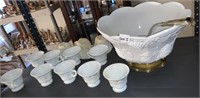 MILK GLASS PUNCH BOWL AND 12 CUPS AND LADLE