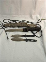 CKC Bowie Knife 14" long and 2 Throwing Knives