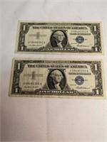 2 Consecutive Serial # 1957 One Dollar Silver Cert