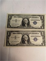 2 Consecutive Serial # 1957 One Dollar Silver Cert