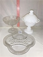 MILK GLASS COMPOTE W/ LID CHIP ON EDGE, DIVIDED