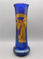 Antique Blue Favrene Vase with Gold Dancing Lady
