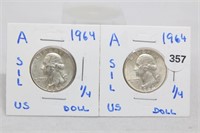 (2) 1964 Silver Washington Quarters