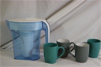 WATER FILTER,JUG AND 4 COFFEE CUPS