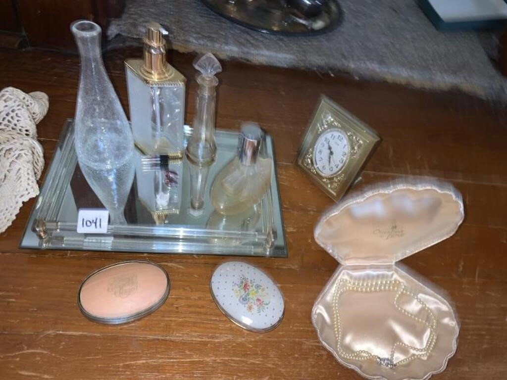 DRESSER TRAY AND PERFUME BOTTLES, CLOCK