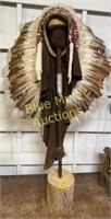 Turkey feather beaded headdress on stand-58"tall