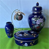 Kutani Cobalt Blue Ginger Jar, Trinket Box, Vase +