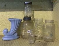 1890 SMALL GLASS BOTTLE, BALL JARS, CORNUCOPIA