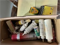 BOX OF PAINTS AND GLUES