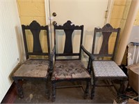 3 MATCHING WOOD CHAIRS, ONE HAS ARMS, NEED TLC