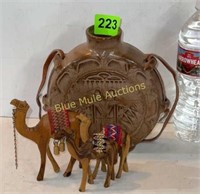Pottery canteen & 3 wooden camels