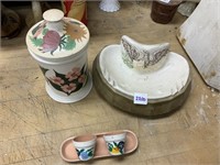 EAGLE ASH TRAY, HAND PAINTED HERB POTS. CANISTER