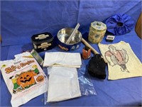 Metal Tins, Antique Grinder, Pumpkin Leaf Bag,