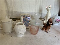 TIN, PLANTERS, CAT AND DOG FIGURES